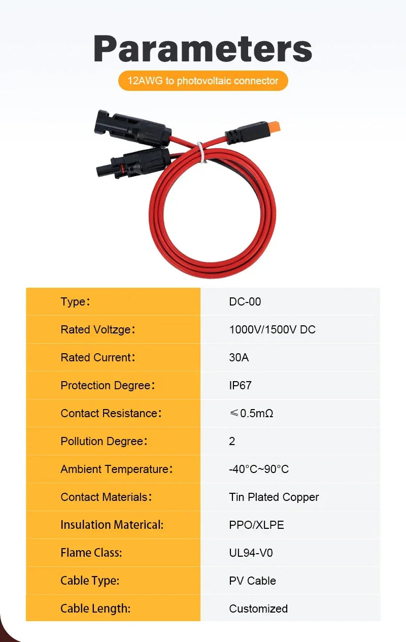 XT60 Solar Cable 12AWG PV Extension Wire with XT60 Connector for Solar Panel Power System Drone ﻿