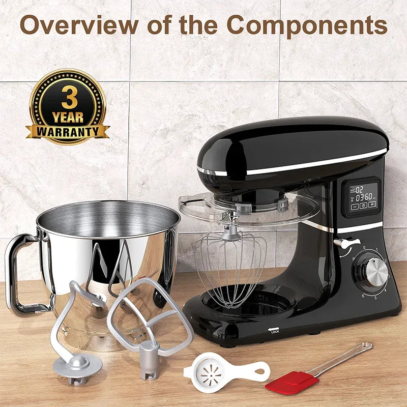 Commercial Stand Mixer 1500W, 6.5L Stainless Steel Bowl 6-Speed, Silent Design Smart Display Multi-Functional Dough Mixer