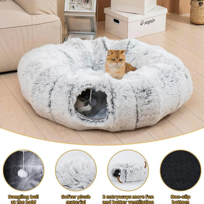 Winter New Arrival Plush Cat Tunnel Bed Foldable Two-in-One Round Warmth Pet Nest Thickened Cozy Cuddly Cat Hideaway