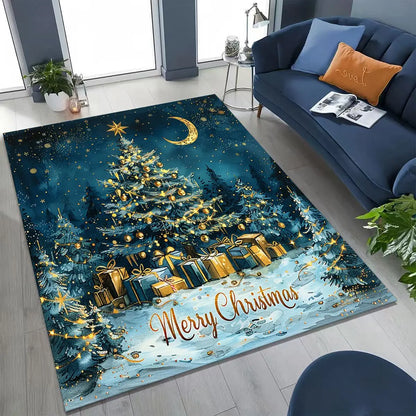 Happy New Year Merry Christmas Tree Santa Claus Cartoon Gift Carpet Rug for Bedroom Living Room Sofa Home Doormat Decor,Non-slip