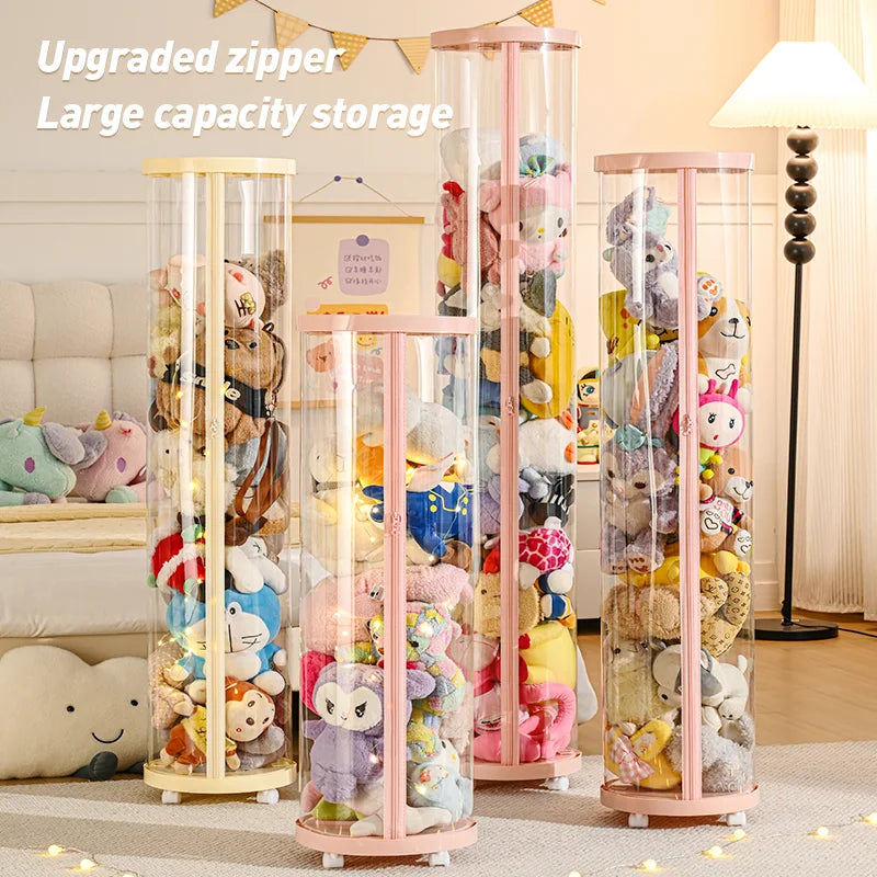 Transparent Multi-Functional Storage Bucket with Lid And Optional Wheels for Dolls Plush Toys Holiday Decorations Display Shelf