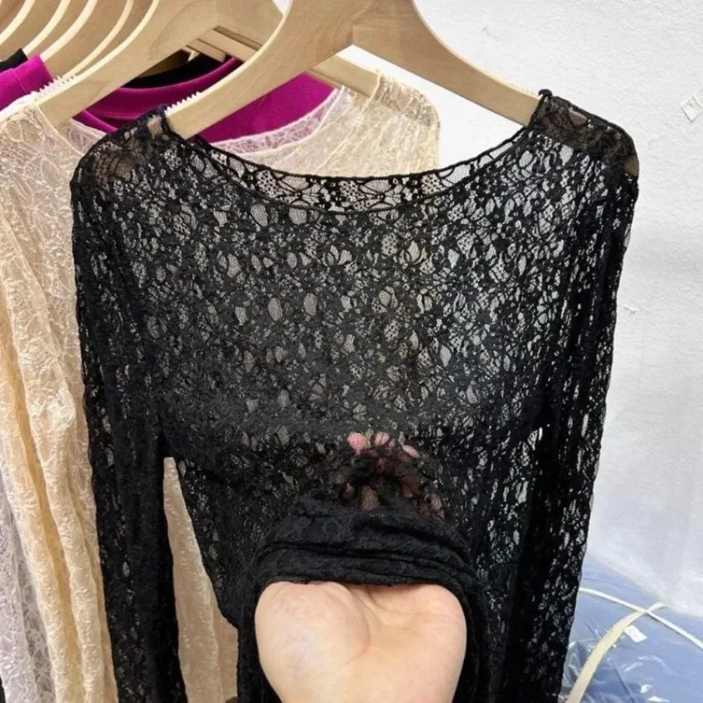2025 Sexy and slightly transparent black lace shirt women long sleeved Spring and Autumn New slim fit inner layer with mesh