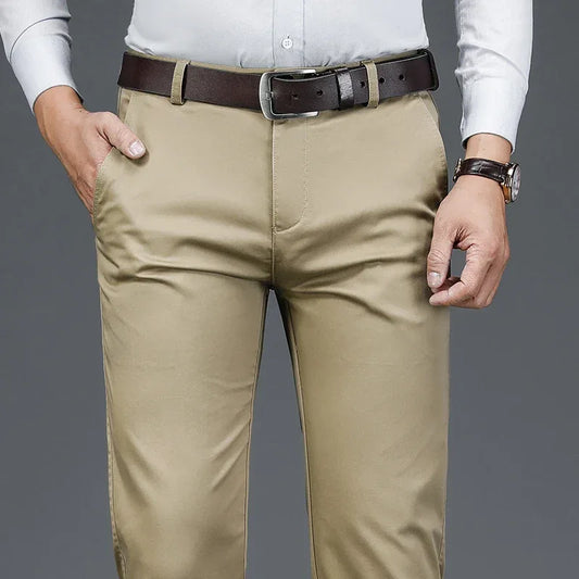 Autumn Classic Style Men's Beige Business Straight Casual Pants Stretch Cotton High Waist Solid Brand Trousers Khaki Green Black