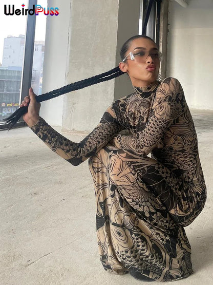 Robe longue moulante à imprimé résille Weird Puss pour femme, col roulé, manches longues, style automne tendance, hipster, streetwear, soirée, look Y2K
