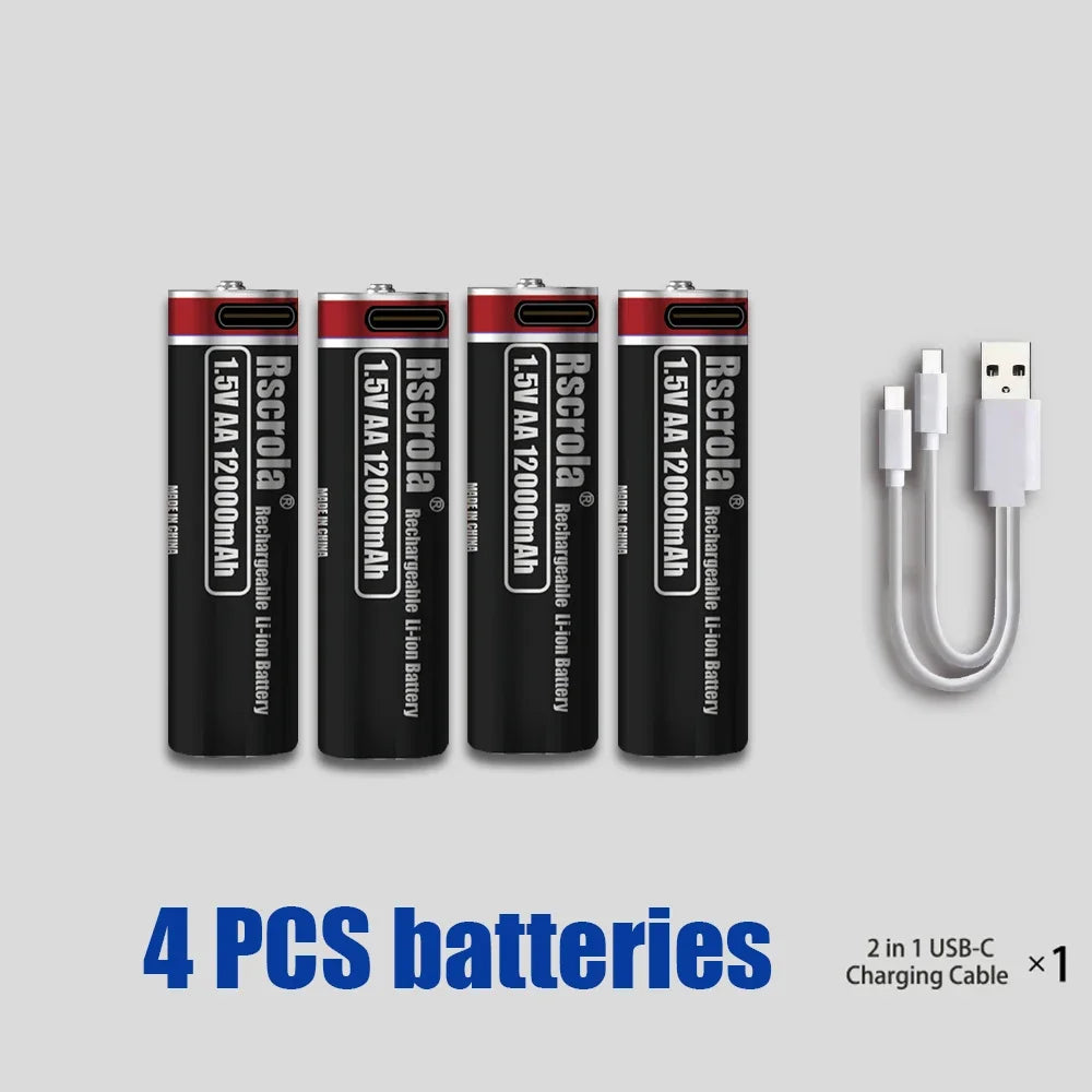 2026 Hot Rechargeable Battery Lithium-ion 1.5V AA1200mAh Rechargeable Battery 1.5V AAA6800mAh Battery with USB-C Cables