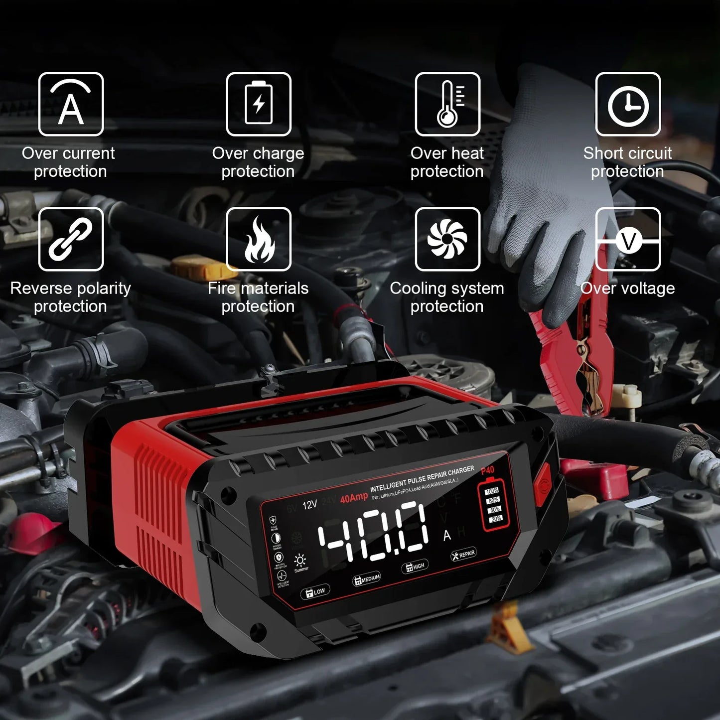 HTRC 40A Car Battery Charger 6V 12V 24V Charger for Lithium LiFePO4 Lead-acid AGM GEL Battery 9-stage Car Motorcycle Charger