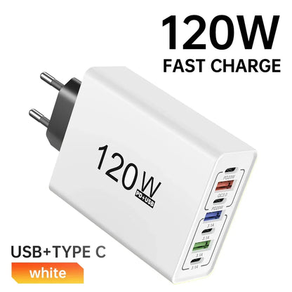 PD 120W USB Type C Fast Charging Mobile Phone Charger 7 Ports EU/US Plug Charger For iPhone Huawei Xiaomi Samsung Wall Charger