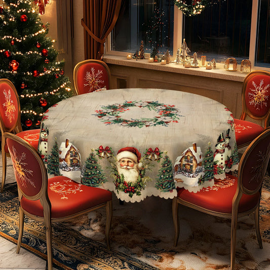 1 Piece Christmas Round and Rectangular Tablecloth, Various Sizes, Retro Santa Claus and Christmas Tree Print Design Pattern Tablecloth, Christmas Garden Tablecloth Decoration, Tablecloth for Daily Home Kitchen, Terrace, Gift