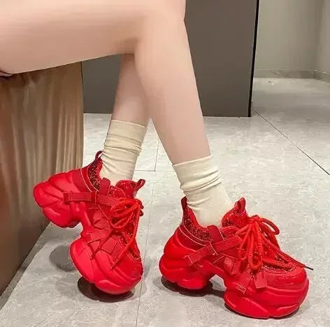 8CM Women Bling Red Chunky Sneakers Winter High Platform Warm Fur Shoes Ladies Wedges Casual Dad Shoes Leather Sports Sneakers