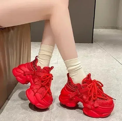 8CM Women Bling Red Chunky Sneakers Winter High Platform Warm Fur Shoes Ladies Wedges Casual Dad Shoes Leather Sports Sneakers