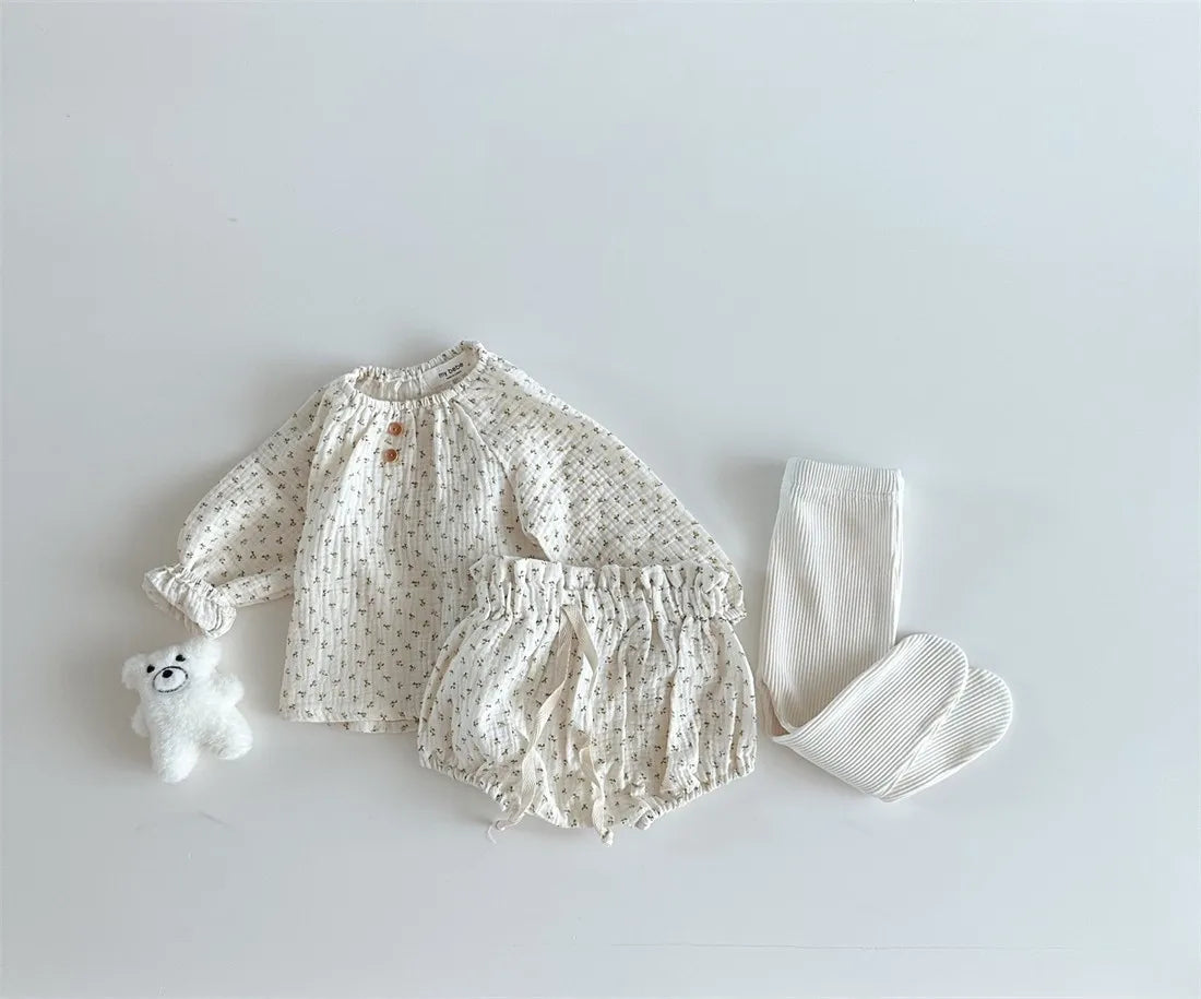 2024 Spring Newborn Floral Print Cotton Long Sleeve Tops+Shorts 2pcs Boy Girl Baby Loose Dots T-shirt Set Thin Infant Tees Suit