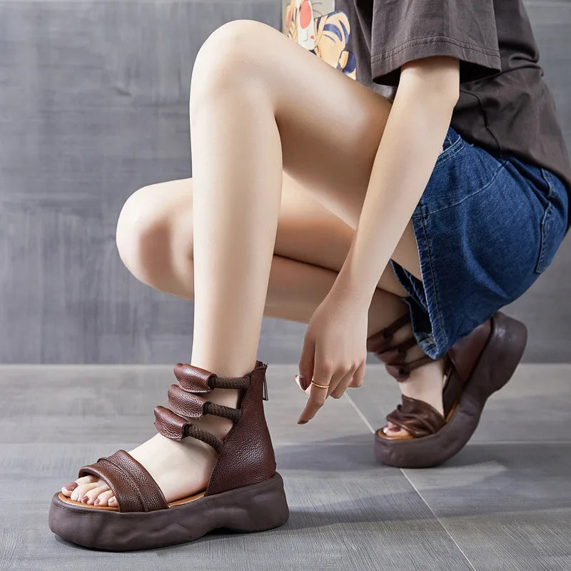 Koznoy 8cm Natural Genuine Leather Sandals Boots Flats Platform Wedge Summer Women Hollow Pumps Peep Toe Booties Mary Jane Shoes