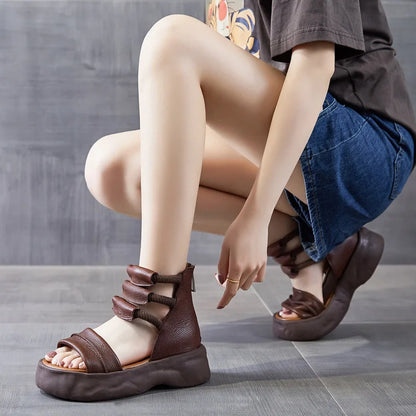 Koznoy 8cm Natural Genuine Leather Sandals Boots Flats Platform Wedge Summer Women Hollow Pumps Peep Toe Booties Mary Jane Shoes