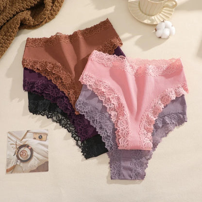 4Pcs/Set Seamless Cotton Brazilian Pants For Women Elastic High Waist Breathable Underpants Ladies Lace Panties Sexy Lingerie