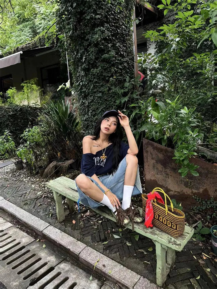 Yedinas Loose Off Shoulder Letter Graphic T Shirts Woman Clothing Short Sleeve American Retro Summer Tops Korean Style Y2k Tees