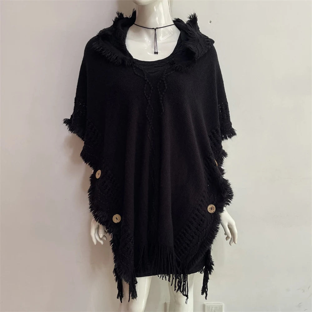 Cape, châle, manteau, poncho à capuche ethnique pour femme, pull à capuche, pompons, dropshipping