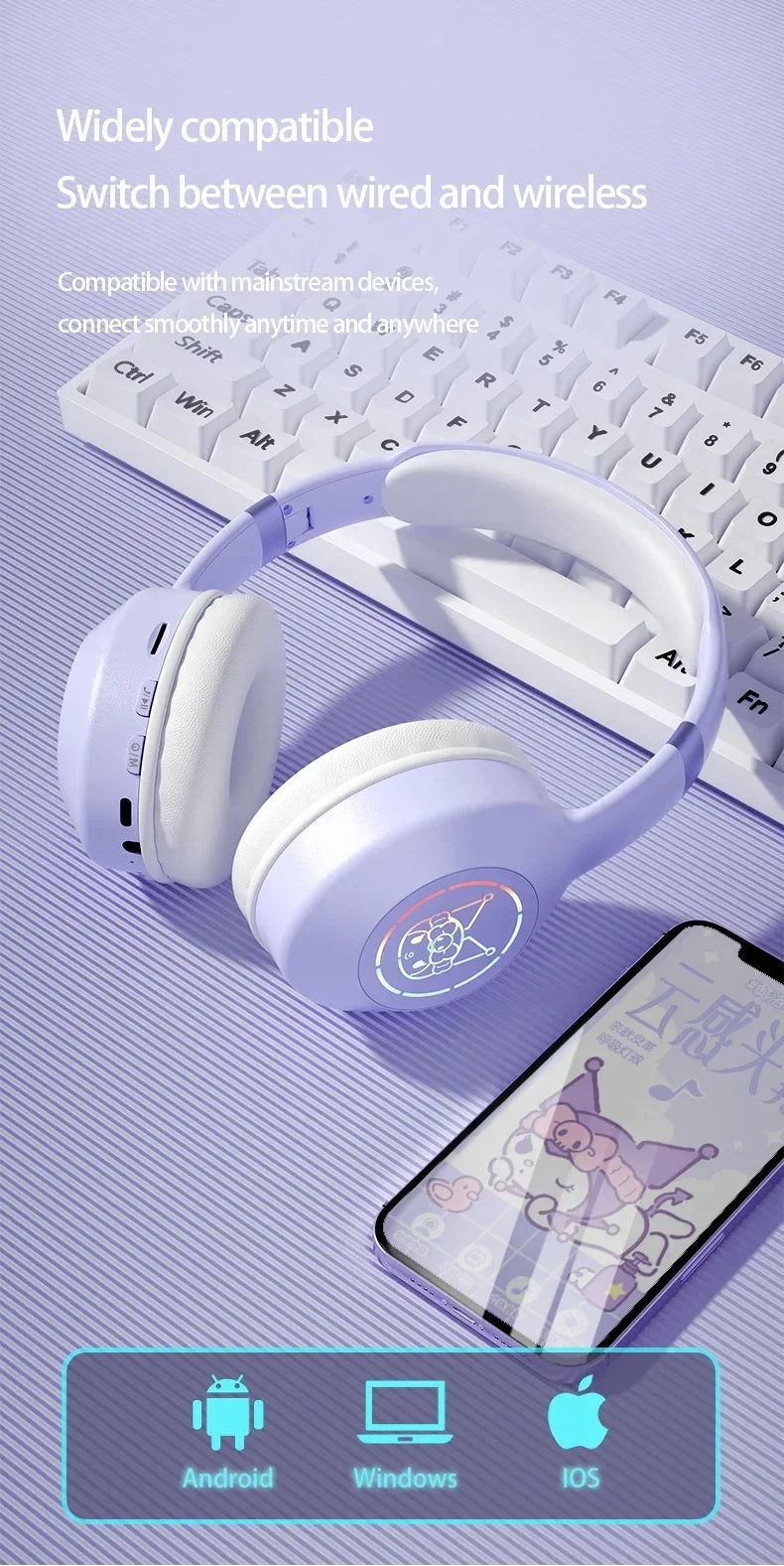 Sanrio Kuromi Bluetooth Headphones Cute My Melody Wireless Earphones Stereo Sound Noise Reduction Earbuds Anime Cartoon Gifts