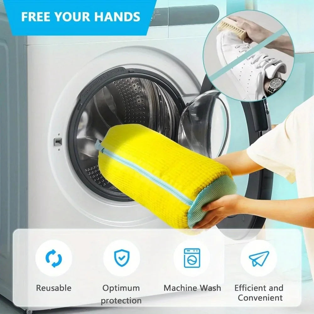 -Durable Shoe Washing Machine Bag for All ShoeTypes-Yellow with Blue Zipper,Ideal for Sneakers and Casual Shoes,Laundry Wash Bag