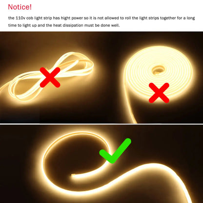 220V Super Bright COB LED Strip with Switch FOB Tape Ribbon European Standard Plug White Light Neon Lamp For Room Outdoor Garden