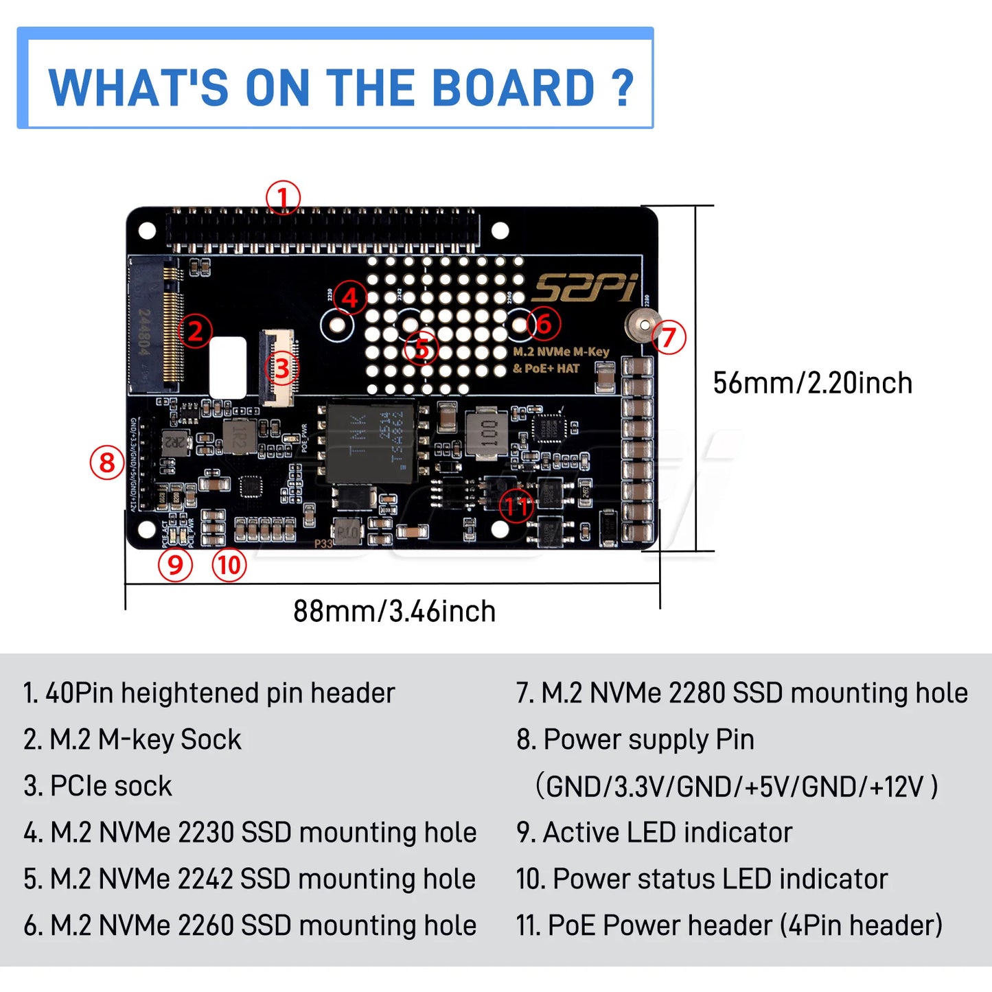 52Pi M.2 NVME M-key & PoE+ Hat & Active Cooler Kit For Raspberry Pi 5 Support SSD: 2230/2242/2260/2280