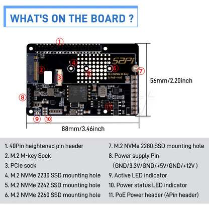 52Pi M.2 NVME M-key & PoE+ Hat & Active Cooler Kit For Raspberry Pi 5 Support SSD: 2230/2242/2260/2280