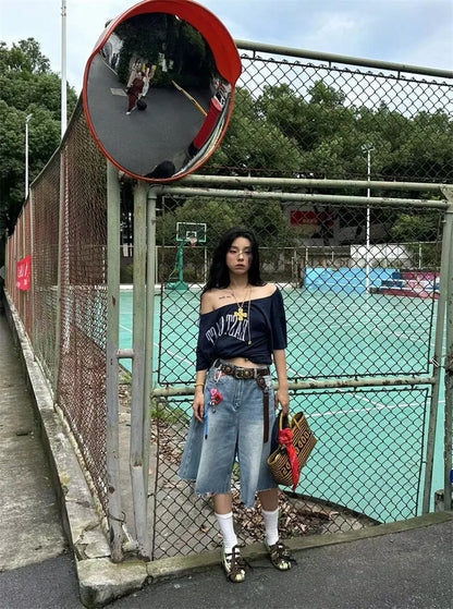 Yedinas Loose Off Shoulder Letter Graphic T Shirts Woman Clothing Short Sleeve American Retro Summer Tops Korean Style Y2k Tees