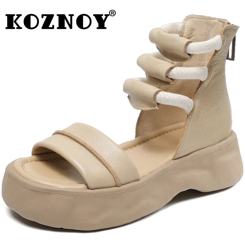 Koznoy 8cm Natural Genuine Leather Sandals Boots Flats Platform Wedge Summer Women Hollow Pumps Peep Toe Booties Mary Jane Shoes