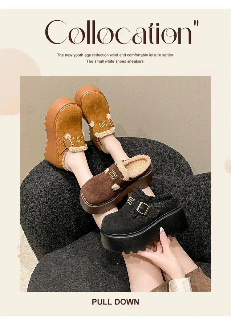 Platform High Heels Slippers Women Suede Mules Shoes Fur Warm Wedges Flip Flops 2025 Winter New Snow Boots Fashion Zapatos Mujer