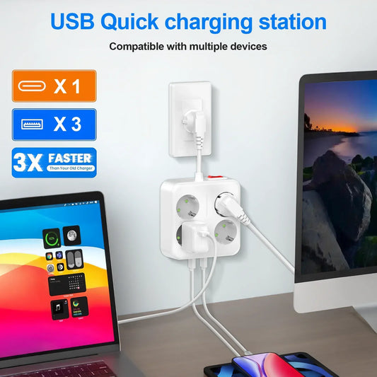 EU Power Strip power plug wall mounted porous socket network filter with USB Type-C charging function network filter adapter
