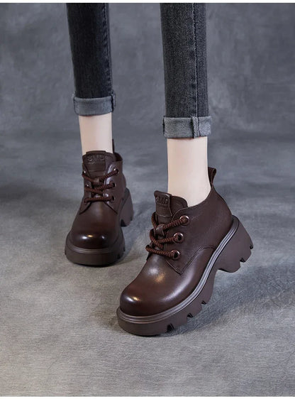 DRKANOL Luxury Design Genuine Leather Ankle Boots For Women Platform Casual Short Boots Women Winter Thick High Heel Warm Shoes