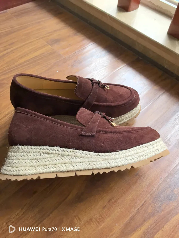 MKKHOU Fashion Loafers New High Quality Real Leather Suede Vintage Straw Braid Platform Shoes Daily Casual Light Shoes Neutral