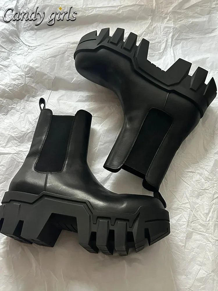 Retro Chelsea Mid-Calf for Women 2024 New round Toe Muffin Gear Platform Black Mid-Calf Length Motorcycle Boots