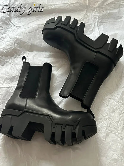 Retro Chelsea Mid-Calf for Women 2024 New round Toe Muffin Gear Platform Black Mid-Calf Length Motorcycle Boots