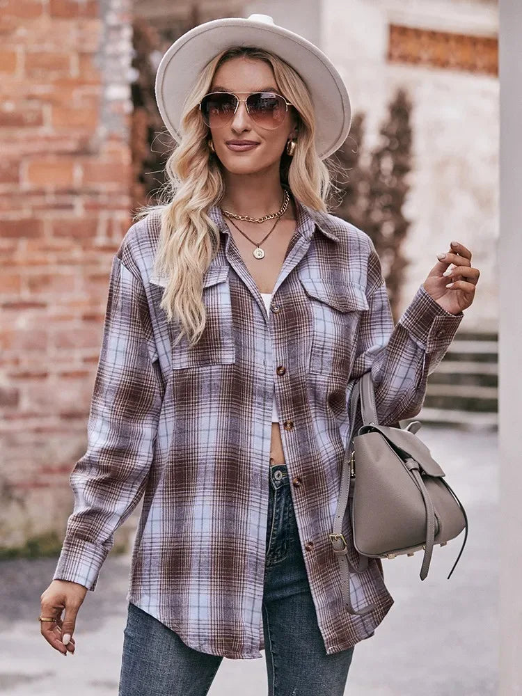 Autumn Plaid Shirt Women Long Sleeve Turn-down Collar Oversize Shirts Female Stylish Vintage Casual Blouse Ladies Chemise