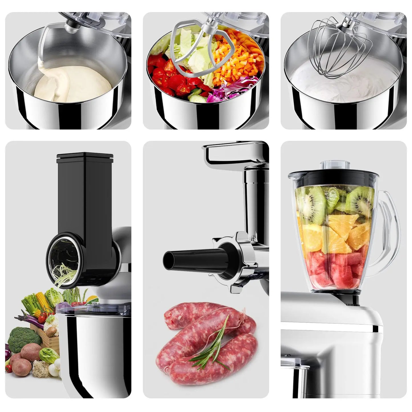5-in-1 Multifunction Electric Stand Mixer with Stainless Steel Mixing Bowl 6-Speed Blender & Meat Grinder-Kitchen Appliance