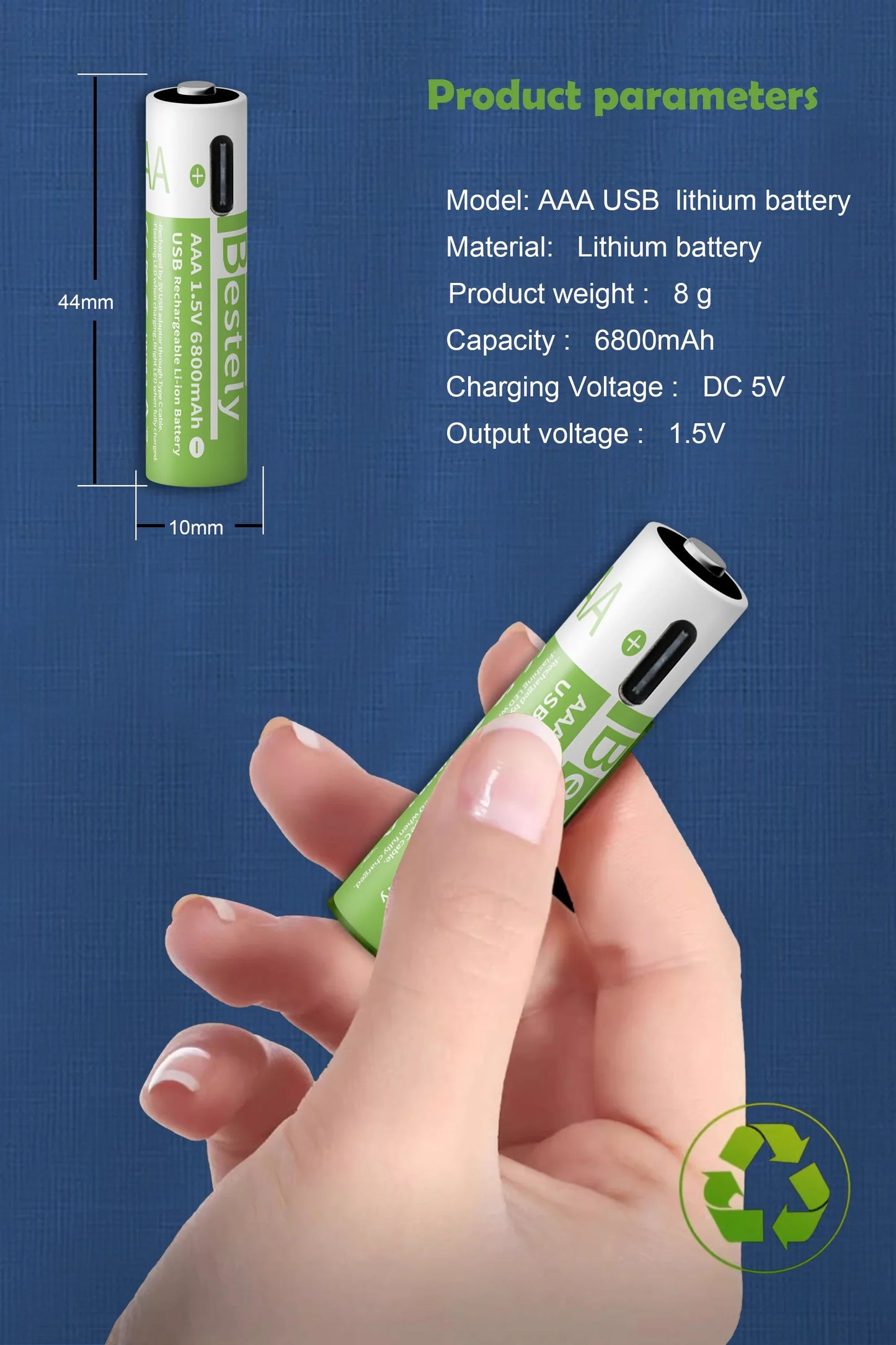 2026 Hot Rechargeable Battery Lithium-ion 1.5V AA1200mAh Rechargeable Battery 1.5V AAA6800mAh Battery with USB-C Cables
