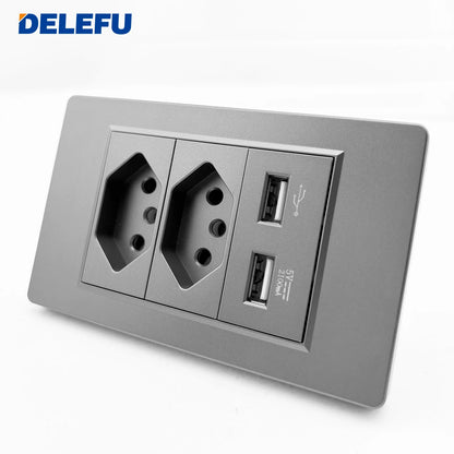 DELEFU Grey PC Panel Brazil Standard Wall Power Socket Double USB Type C Outlet Light Switch Home Office Electrical Plug 10A 20A