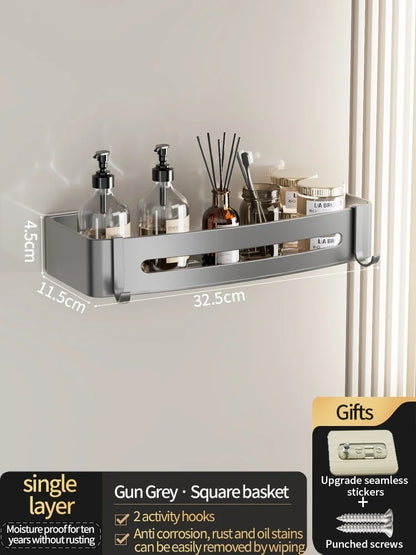 No Need To Drill Walls for Installation Aluminum Bathroom Shelf Shelves Shampoo Rack Storage Holder Kitchen Organizer Wall Rack