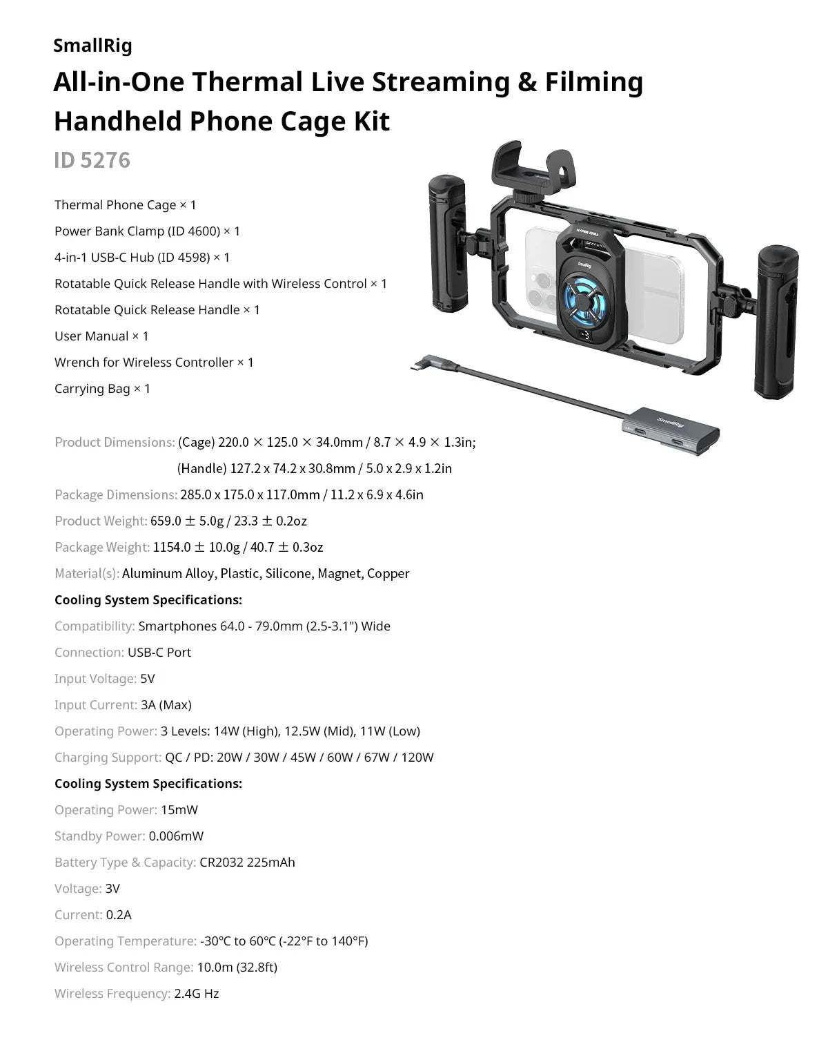 SmallRig Universal Cooling Mobile Phone Cage for iPhone 17 16/Android Smartphones w 2-in-1 USB-C Audio Adapter Power Bank Holder