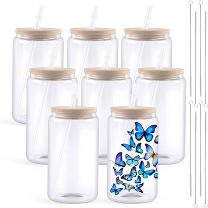 HTVRONT 8 Pack 16OZ Frosted/Clear Glass Sublimation Tumblers with Bamboo Lid Sublimate Tumbler Blanks DIY for Iced Coffee Cups