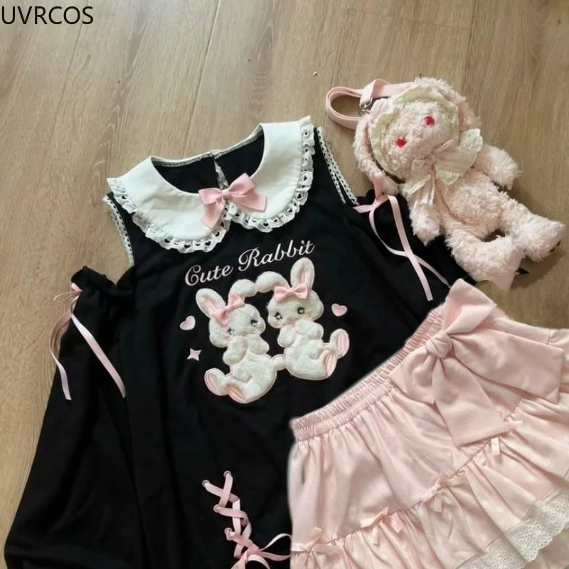 Japanese Sweet Lolita 2 Piece Sets Women Cute Bow Cartoon Bunny Off Shoulder T-shirts Pink Cake Mini Skirts Kawaii Y2k Outfits