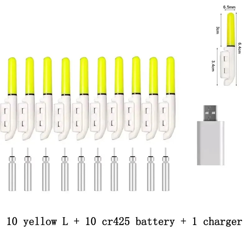 10 pcs/lot Electronic Light Stick With 10 Rechargeable Battery CR322 / CR425 Clip on Fishing Rod Glowing Lamp Night Fishing D001