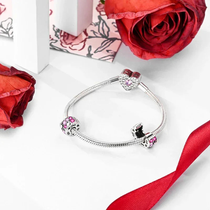 925 Silver Valentine's Day Charms Bead Sparkling Sweet Heart Rose Bear Charm Fit Original Bracelet Bangle Woman DIY Jewelry Gift