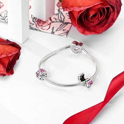 925 Silver Valentine's Day Charms Bead Sparkling Sweet Heart Rose Bear Charm Fit Original Bracelet Bangle Woman DIY Jewelry Gift