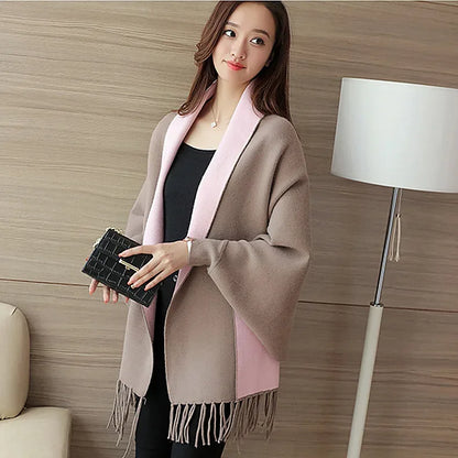 Autumn Winter Tassel Long Sweater Cardigans Casual Korean Long Sleeve Cloak Patchwork Knitwear Coats Outwaer LMFS-LM-8015