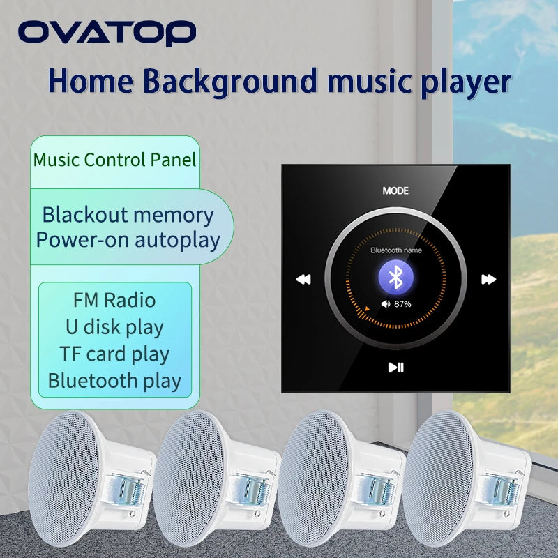 Home Background music player system audio in wall power amplifier bluetooths TF USB FM radio AUX controls panel ceiling speakers