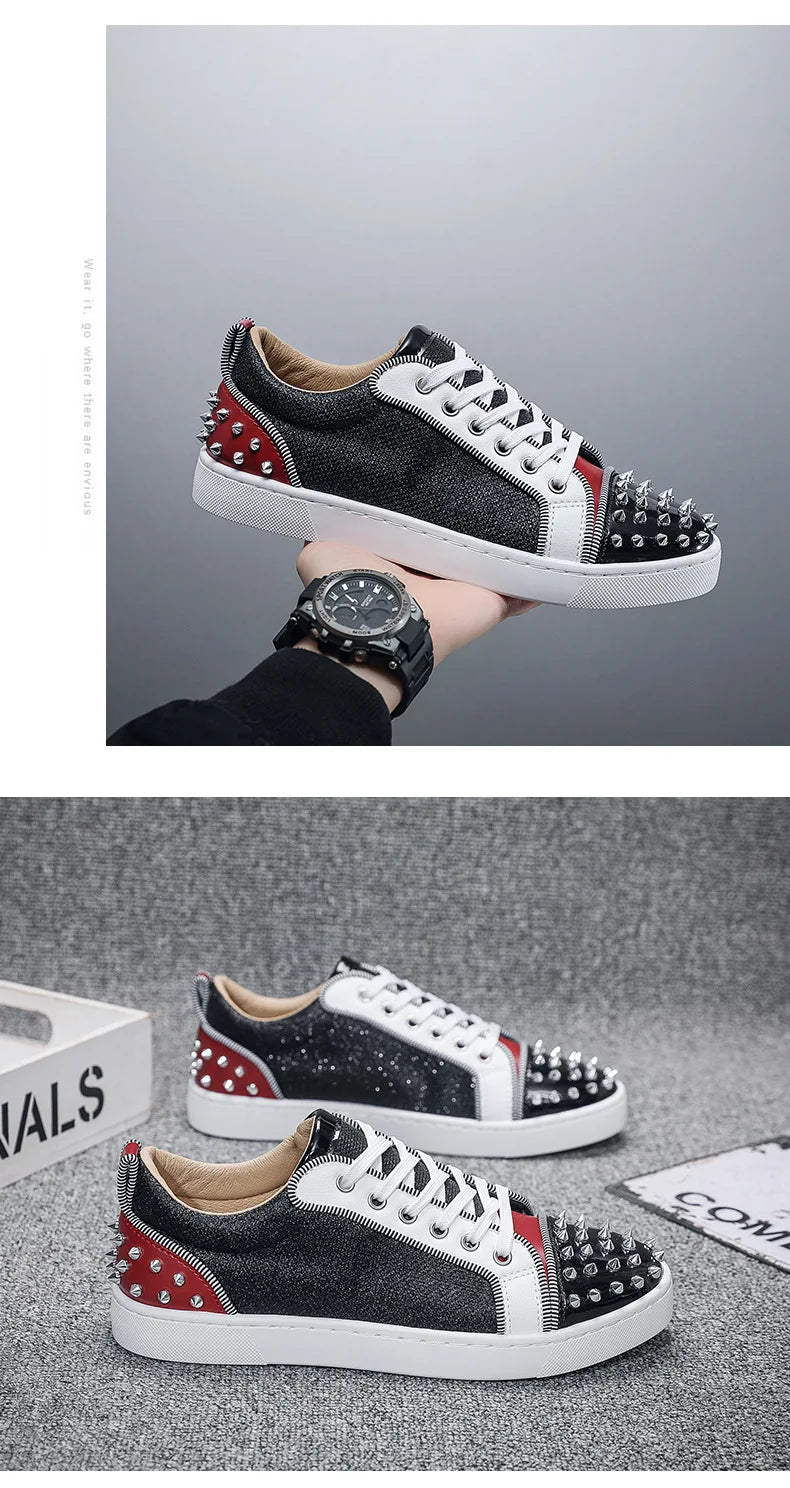 New Fashion Silver Trainers Glitter Spiky Shoes Men Lace Up Sneakers Low Top Shoes Red Sole Man Designer Sneaker With Spikes