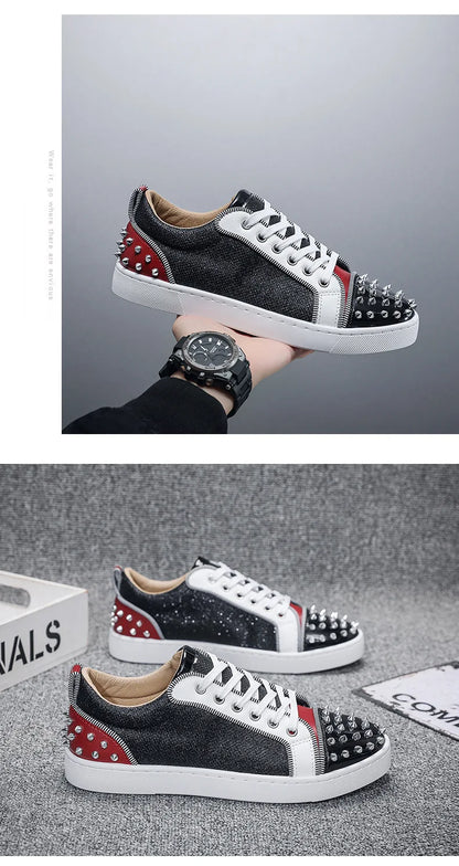 New Fashion Silver Trainers Glitter Spiky Shoes Men Lace Up Sneakers Low Top Shoes Red Sole Man Designer Sneaker With Spikes