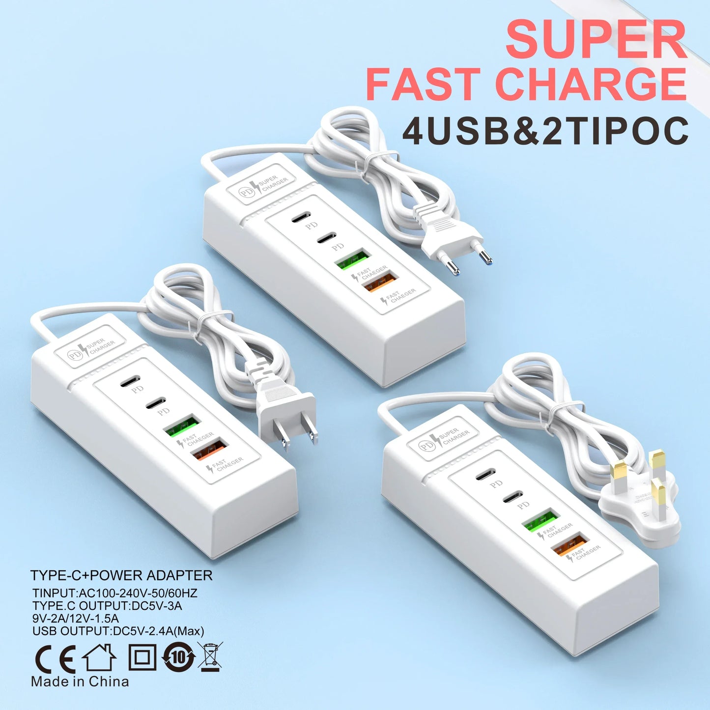 4 Ports USB Fast Charging Charger Type C Wall Charger For iPhone Samsung Xiaomi Huawei Phone Charger EU/US/UK Plug Power Adapter