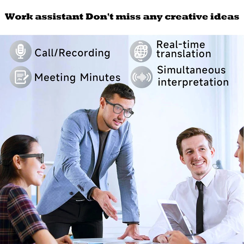 Lunettes intelligentes avec caméra HD 8Mpx, vidéo HD 1200p anti-tremblement, assistant vocal intelligent IA, traduction en temps réel et reconnaissance d'objets.